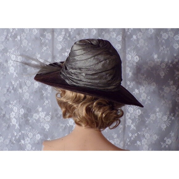 Antique Edwardian Bird Hat 1900s 1910s Wide Brim Silk Velvet Dramatic Steampunk - Picture 4 of 7
